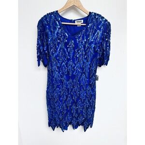 Vtg Mark & John by Gopal Dress Womens L 100% Silk Blue Allover Sequin Beaded NWT
